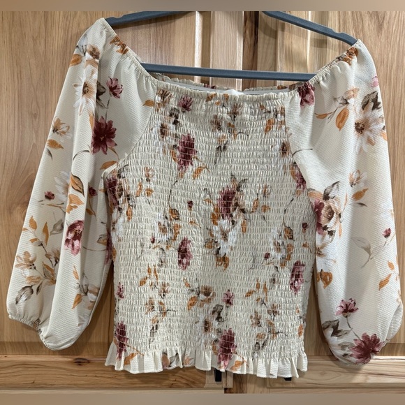 Everly Tops - Everly Cream Off the Shoulder Floral Smocked Cropped Balloon Sleeve Fall Blouse